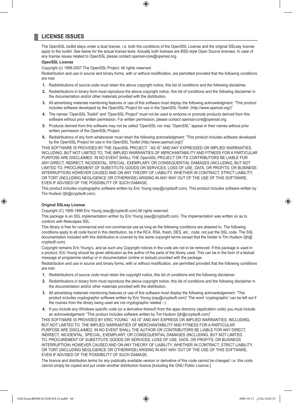 License issues | Samsung LE46B620R3W User Manual | Page 62 / 502