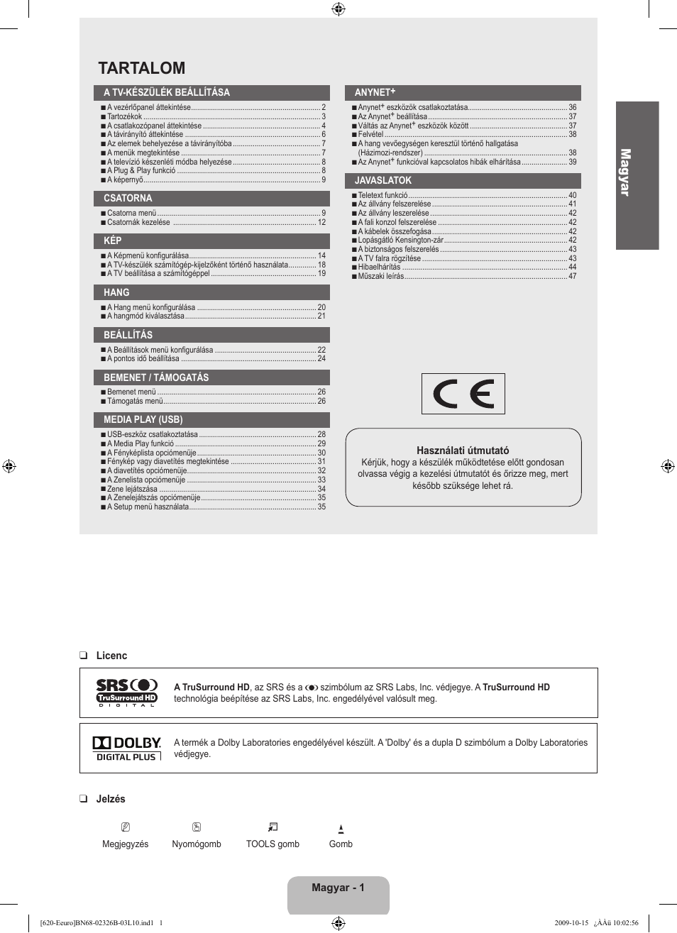 Tartalom, Ma gy ar | Samsung LE46B620R3W User Manual | Page 65 / 502