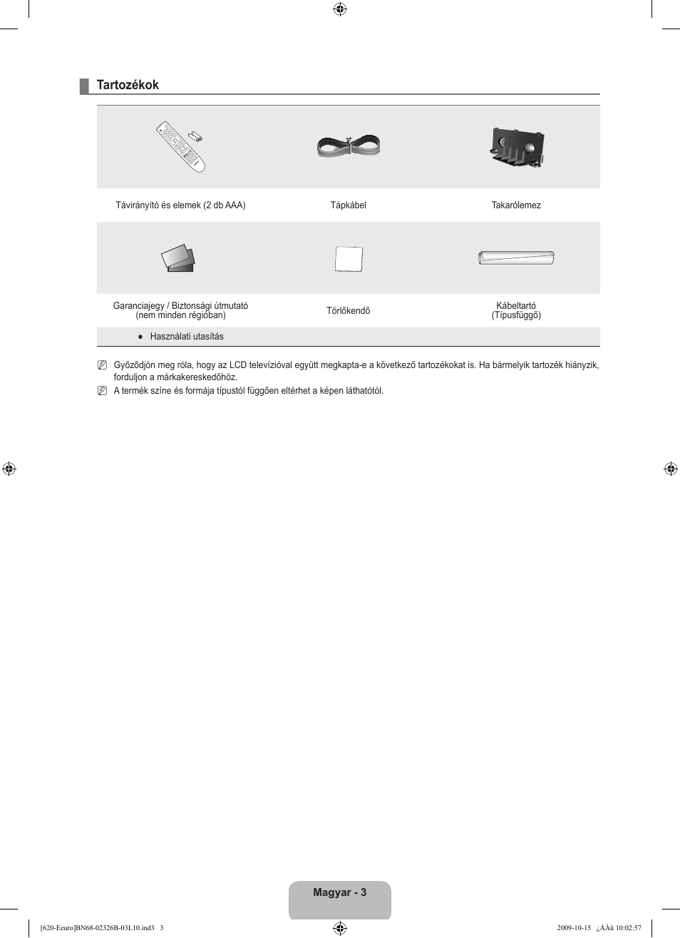 Tartozékok | Samsung LE46B620R3W User Manual | Page 67 / 502