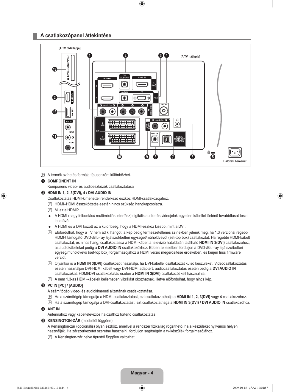 A csatlakozópanel áttekintése | Samsung LE46B620R3W User Manual | Page 68 / 502