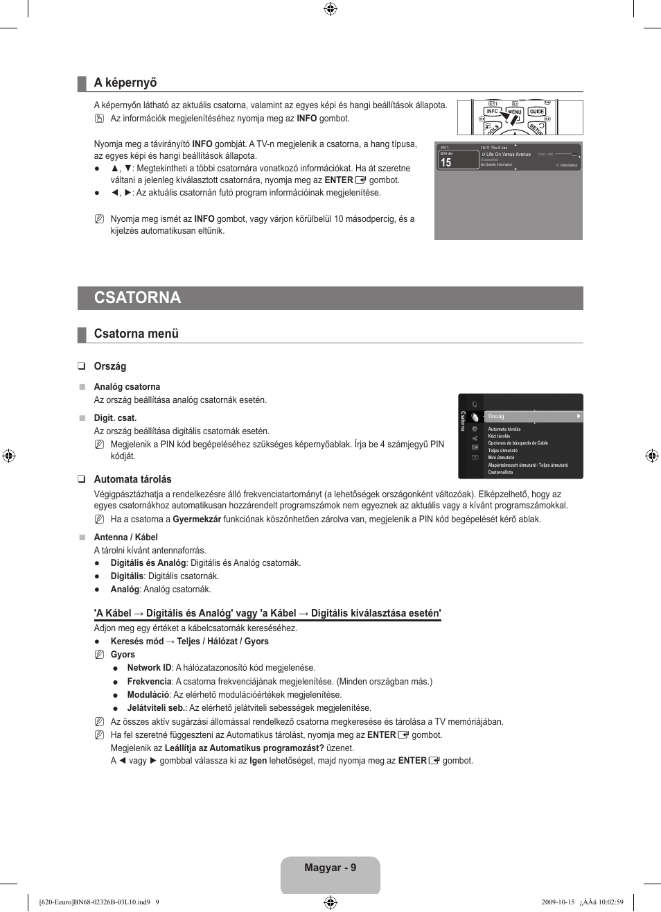 Csatorna, A képernyő, Csatorna menü | Samsung LE46B620R3W User Manual | Page 73 / 502