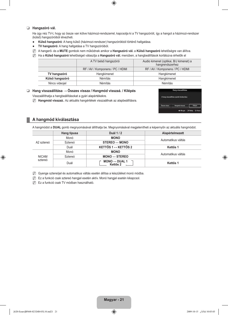 A hangmód kiválasztása | Samsung LE46B620R3W User Manual | Page 85 / 502