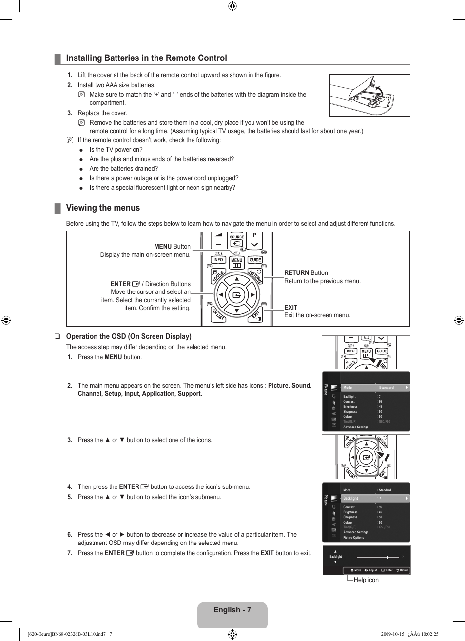 Installing batteries in the remote control, Viewing the menus, English | Operation the osd (on screen display) | Samsung LE46B620R3W User Manual | Page 9 / 502