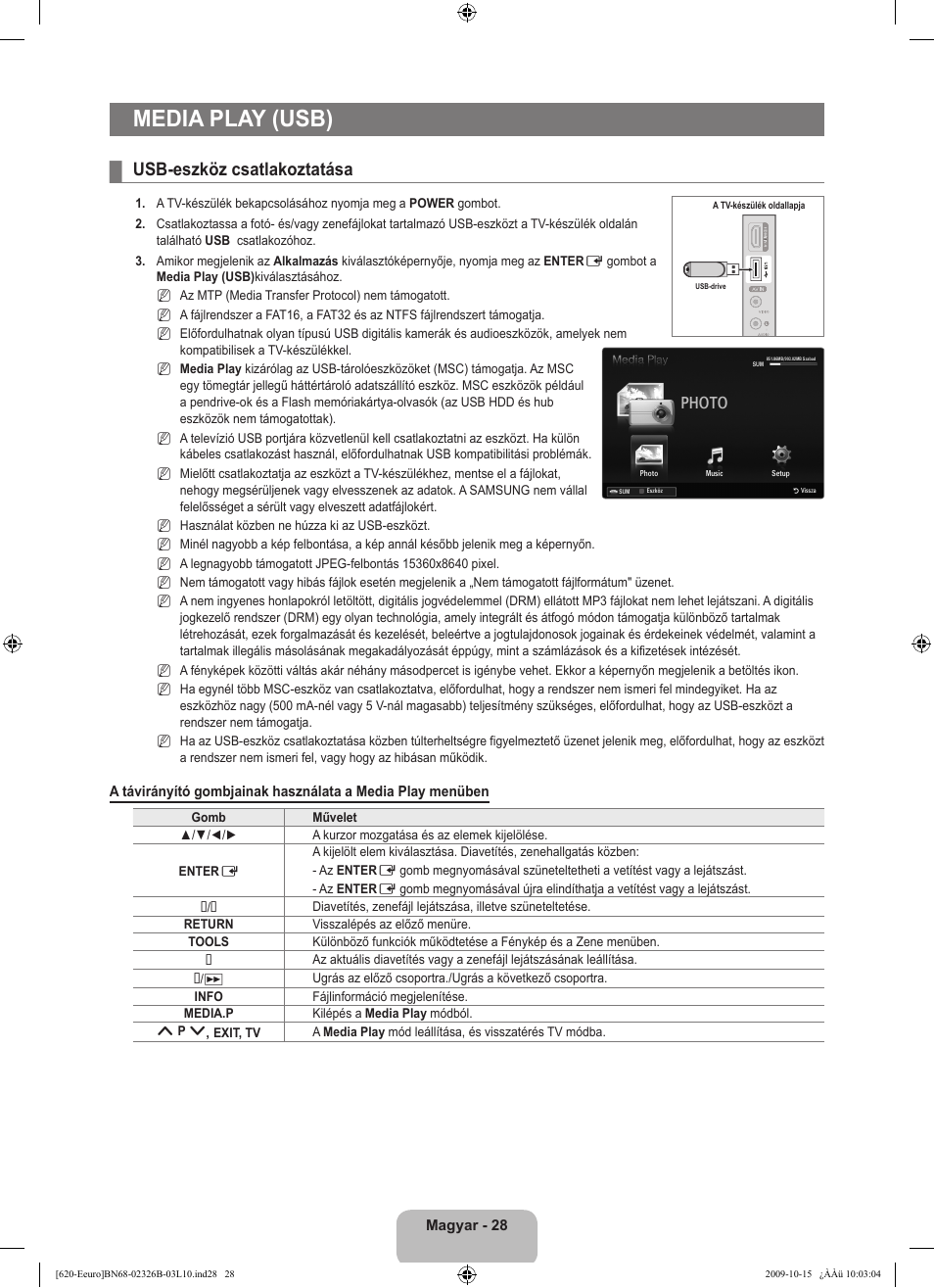 Media play (usb), Usb-eszköz csatlakoztatása, Photo | Samsung LE46B620R3W User Manual | Page 92 / 502