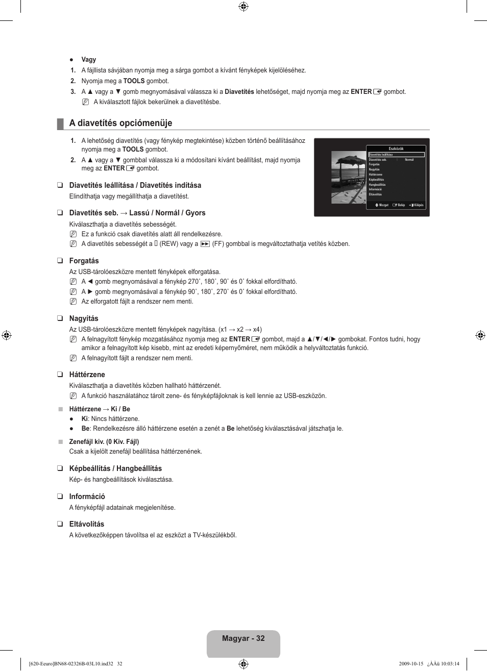 A diavetítés opciómenüje | Samsung LE46B620R3W User Manual | Page 96 / 502