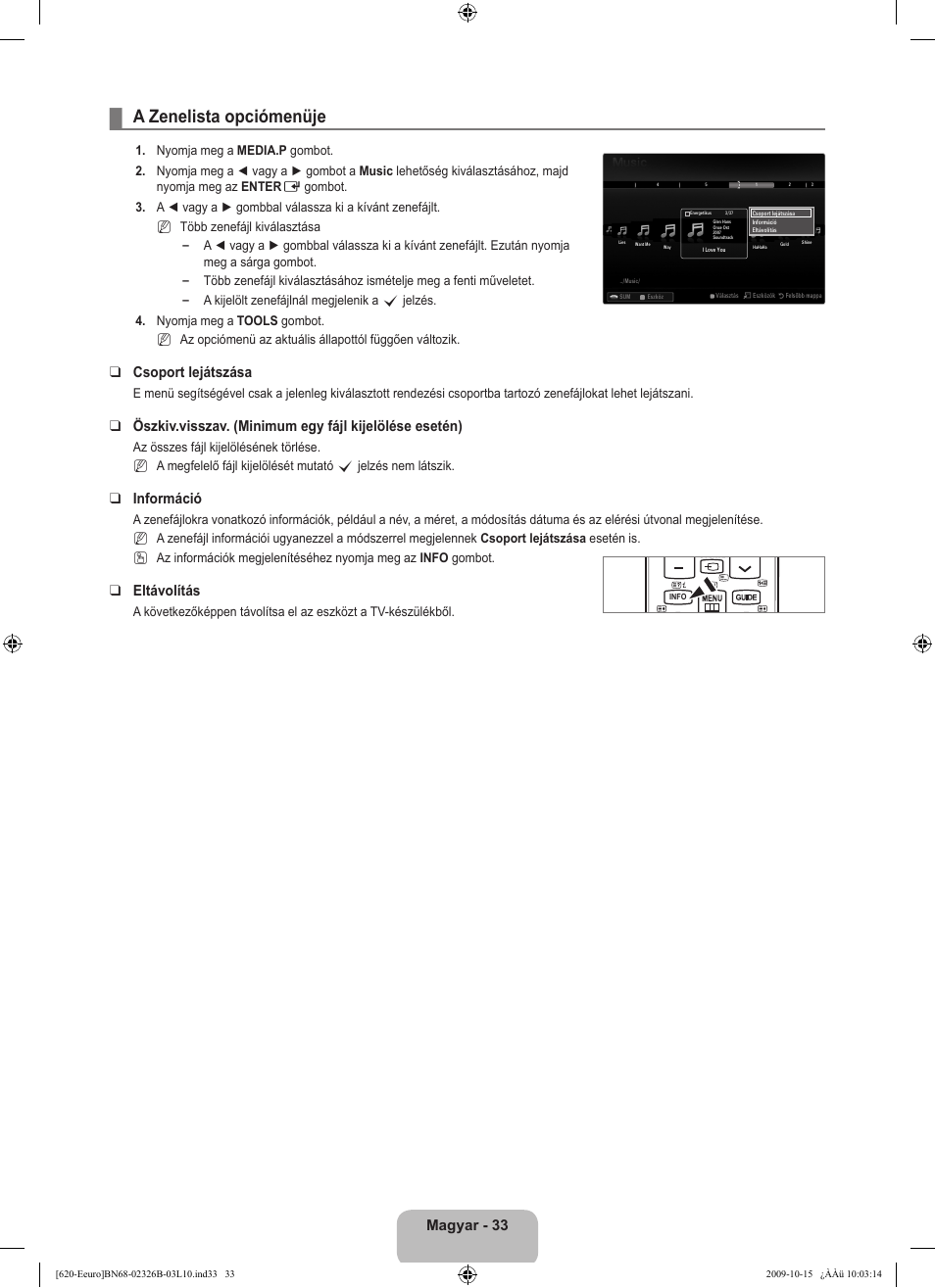 A zenelista opciómenüje, Magyar - 33, Csoport lejátszása | Információ, Eltávolítás | Samsung LE46B620R3W User Manual | Page 97 / 502