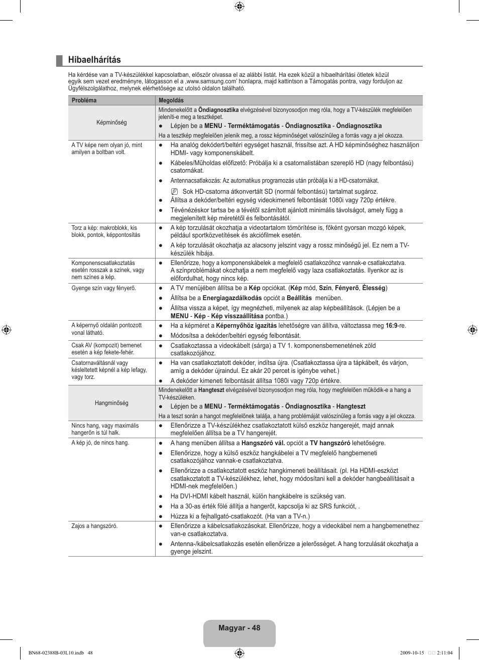 Hibaelhárítás | Samsung UE32B6000VW User Manual | Page 116 / 542