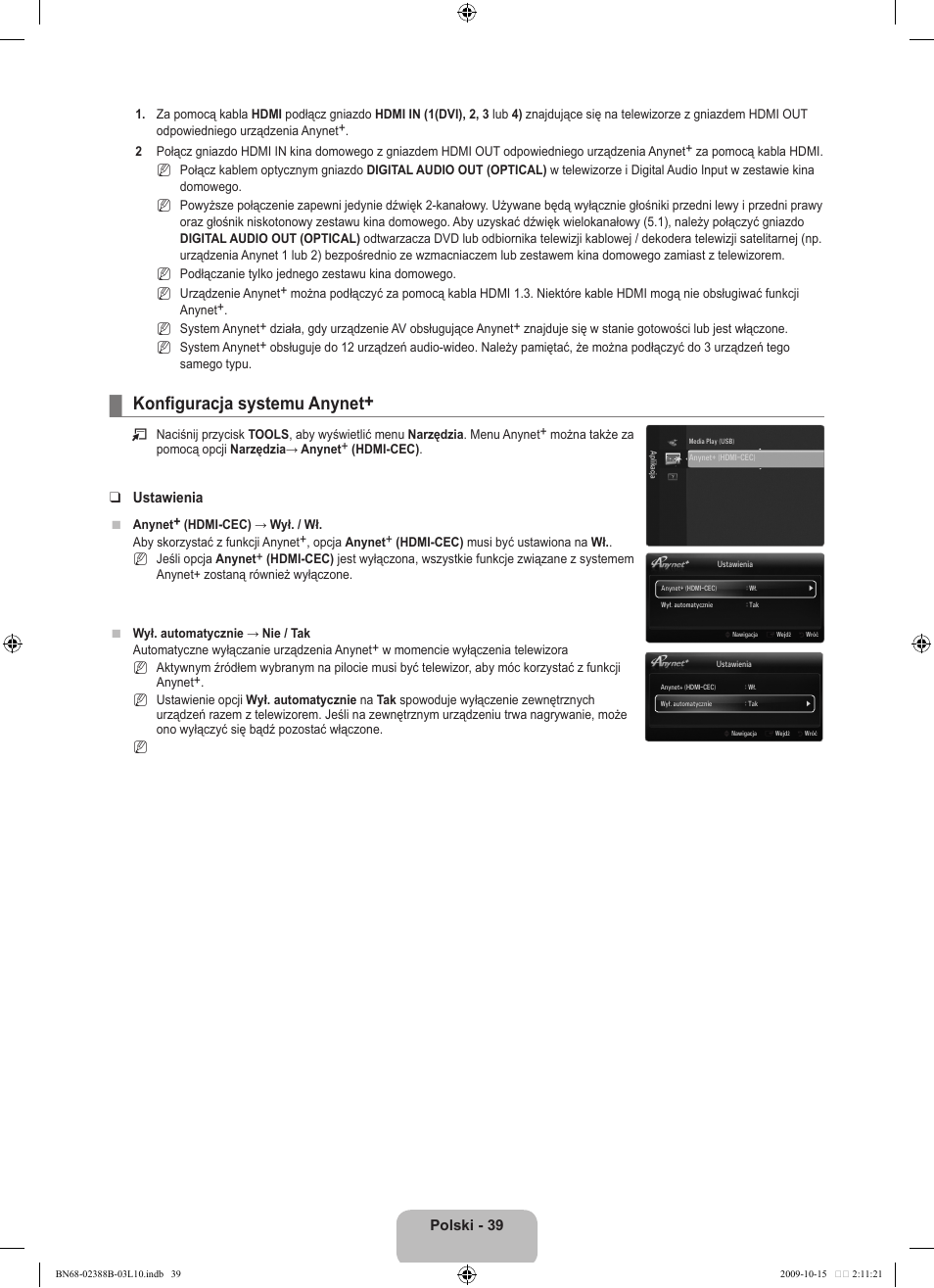 Konfiguracja systemu anynet, Polski - 3, Ustawienia | Samsung UE32B6000VW User Manual | Page 159 / 542