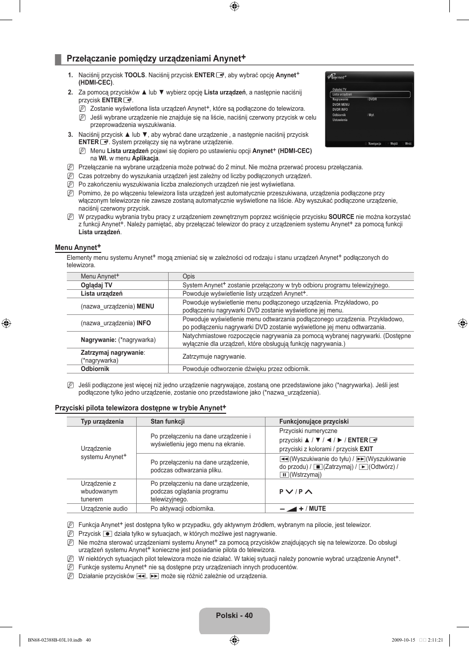 Przełączanie pomiędzy urządzeniami anynet | Samsung UE32B6000VW User Manual | Page 160 / 542