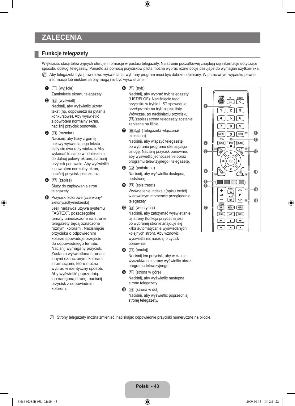 Zalecenia, Funkcje telegazety | Samsung UE32B6000VW User Manual | Page 163 / 542