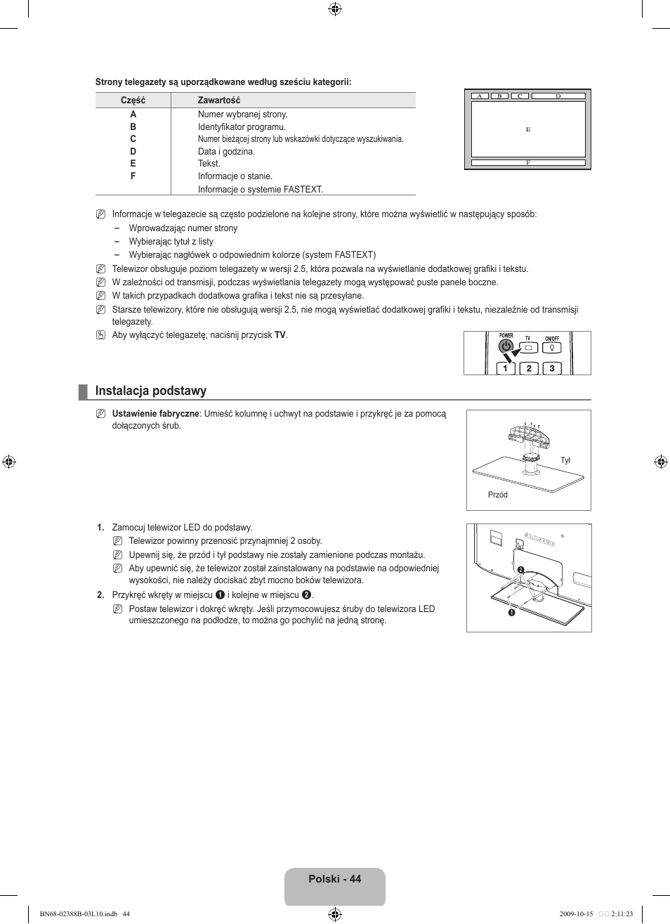 Instalacja podstawy | Samsung UE32B6000VW User Manual | Page 164 / 542