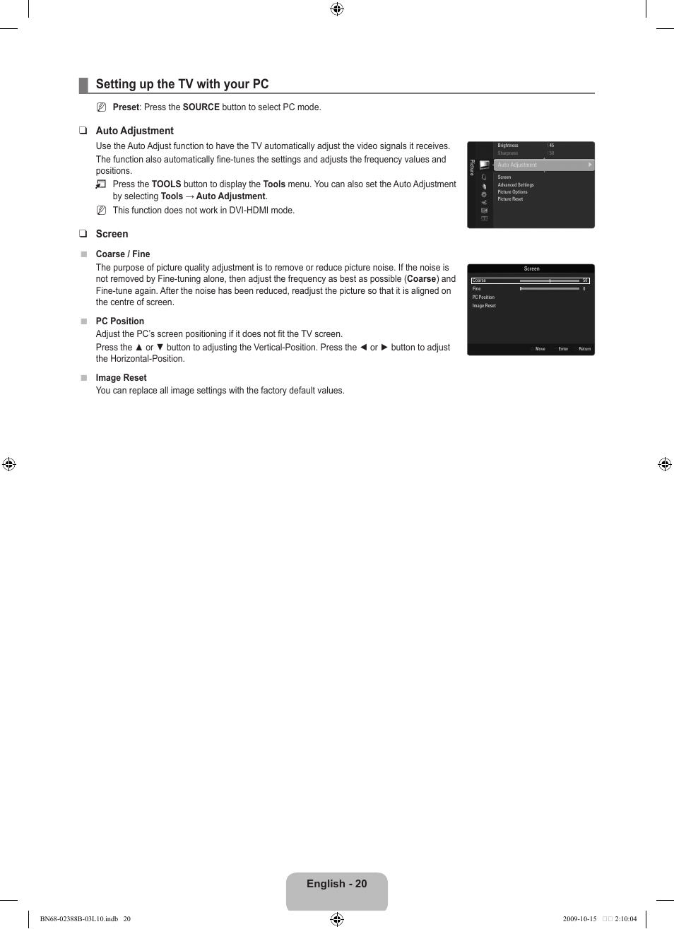 Setting up the tv with your pc, English - 20, Auto adjustment | Screen | Samsung UE32B6000VW User Manual | Page 22 / 542