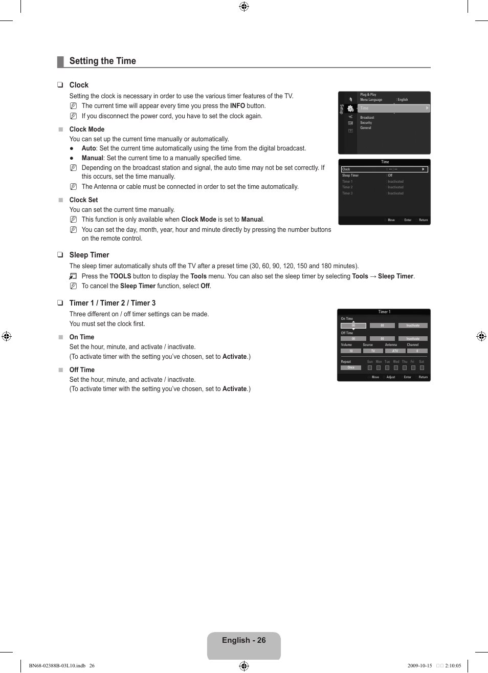 Setting the time, English - 26, Clock | Sleep timer, Timer 1 / timer 2 / timer 3 | Samsung UE32B6000VW User Manual | Page 28 / 542