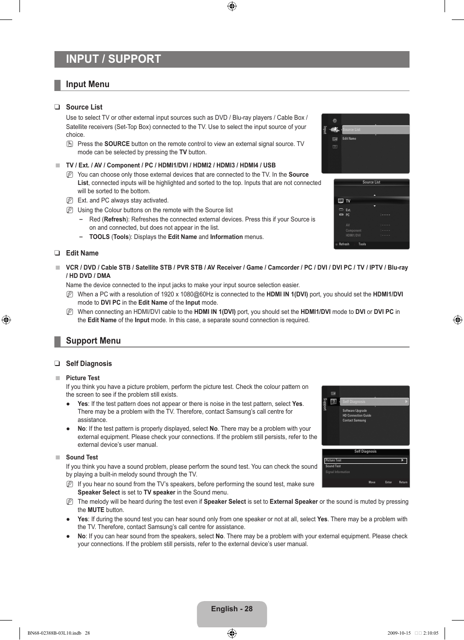 Input / support, Input menu, Support menu | English - 2, Source list, Edit name, Self diagnosis | Samsung UE32B6000VW User Manual | Page 30 / 542