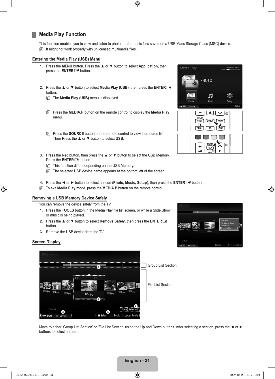 Media play function, English - 31, Entering the media play (usb) menu | Screen display, Photo | Samsung UE32B6000VW User Manual | Page 33 / 542