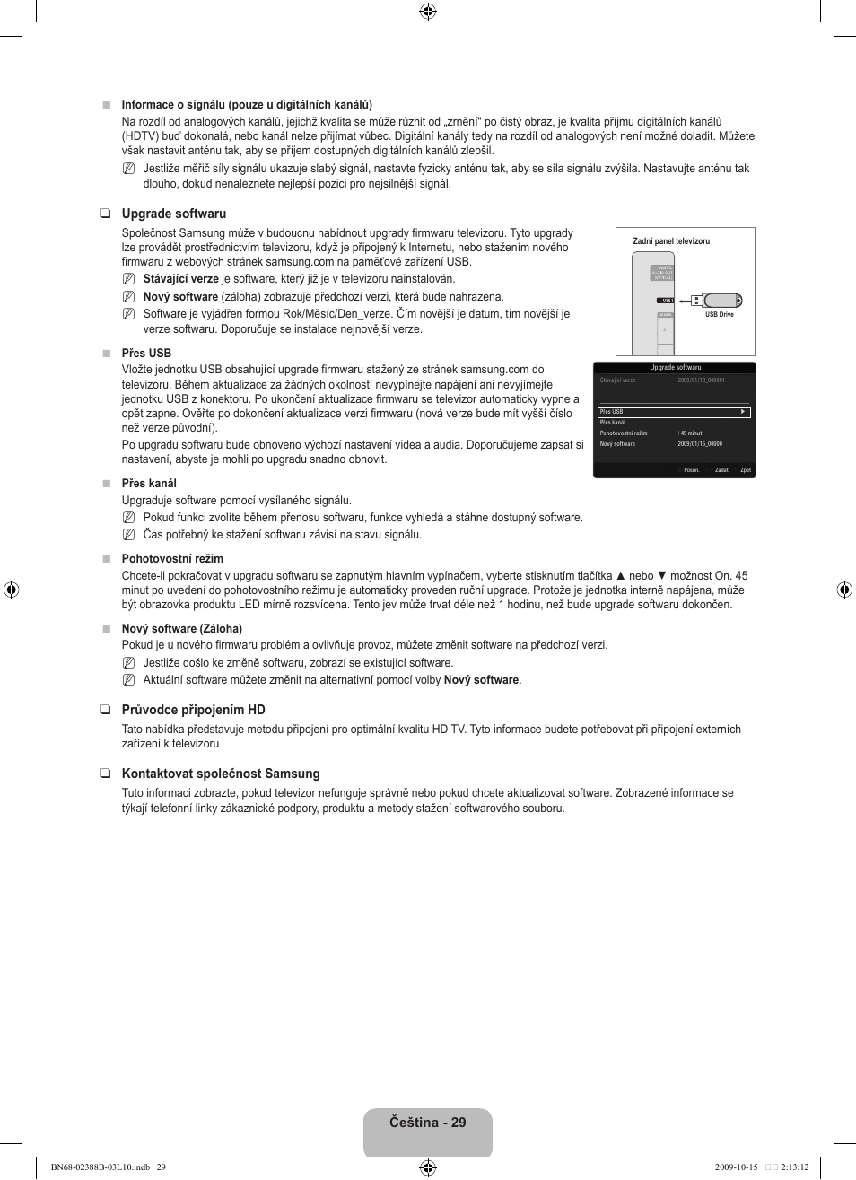 Čeština - 29, Upgrade softwaru, Průvodce připojením hd | Kontaktovat společnost samsung | Samsung UE32B6000VW User Manual | Page 357 / 542