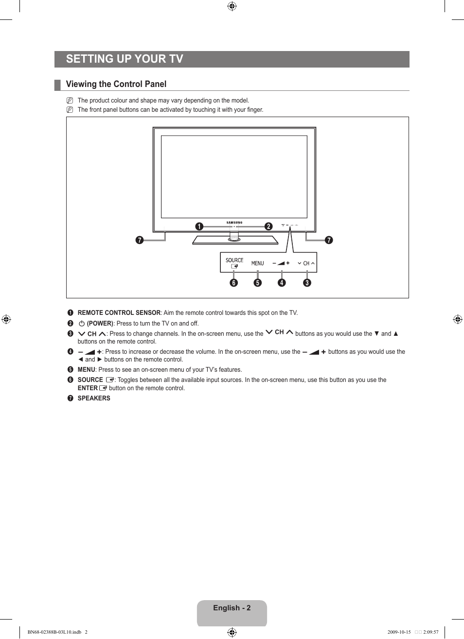 Seting up your tv, Viewing the control panel, Setting up your tv | Samsung UE32B6000VW User Manual | Page 4 / 542