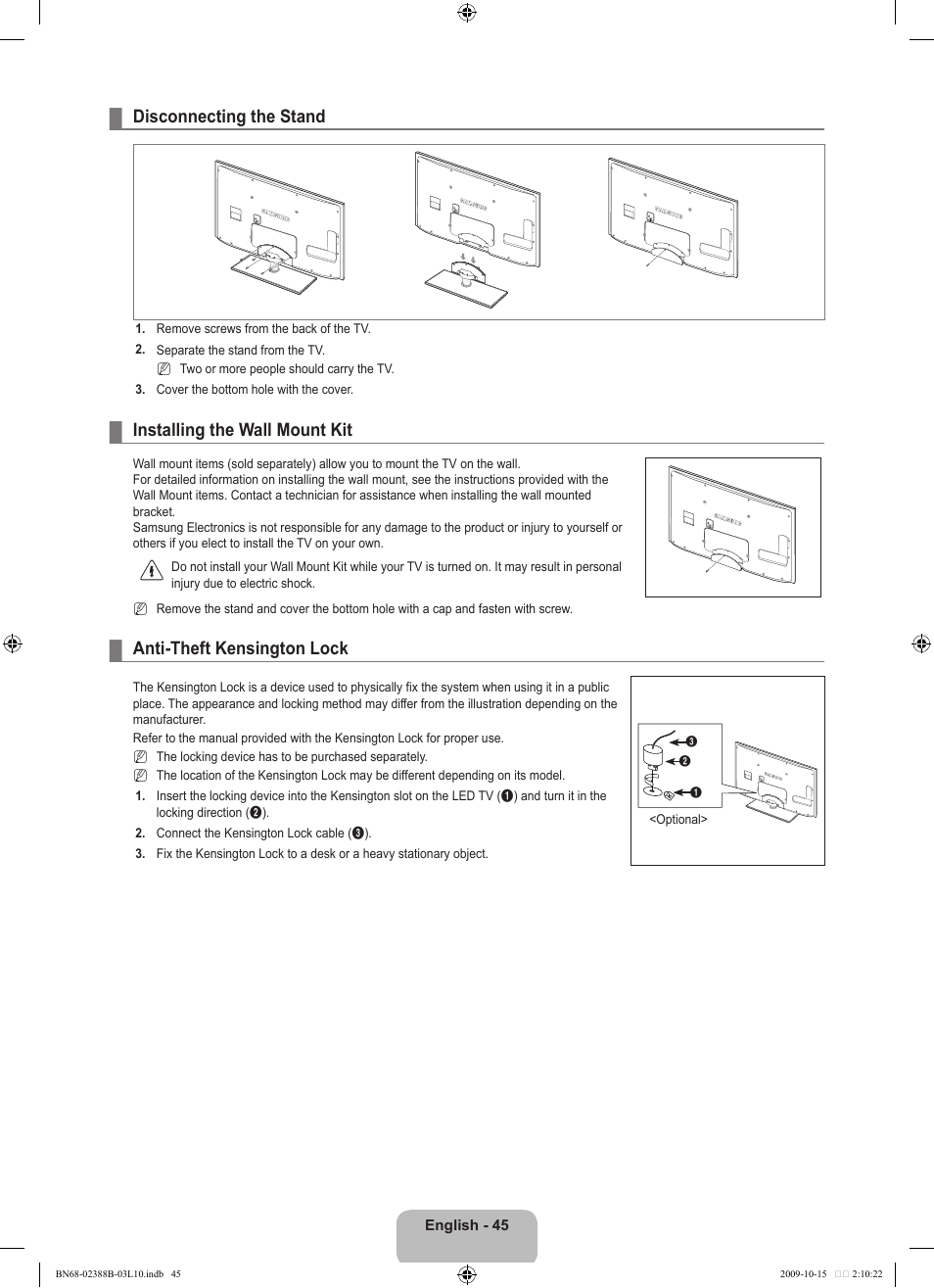 Disconnecting the stand, Installing the wall mount kit, Anti-theft kensington lock | Samsung UE32B6000VW User Manual | Page 47 / 542