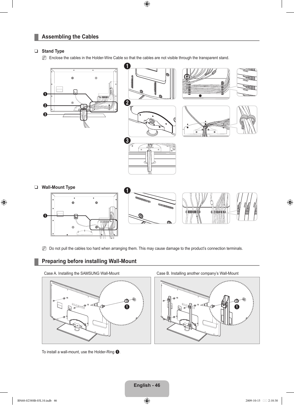 Assembling the cables, Preparing before installing wall-mount | Samsung UE32B6000VW User Manual | Page 48 / 542