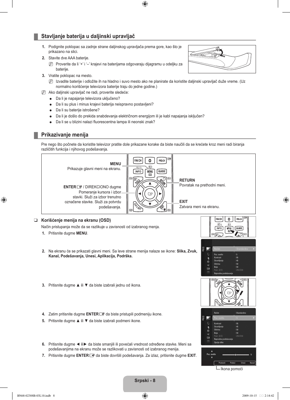 Operation, Stavljanje baterija u daljinski upravljač, Prikazivanje menija | Srpski, Korišćenje menija na ekranu (osd) | Samsung UE32B6000VW User Manual | Page 492 / 542