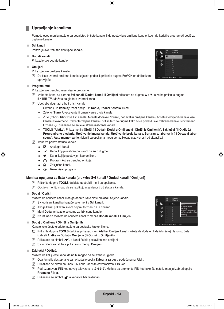 Upravljanje kanalima, Srpski - 13 | Samsung UE32B6000VW User Manual | Page 497 / 542