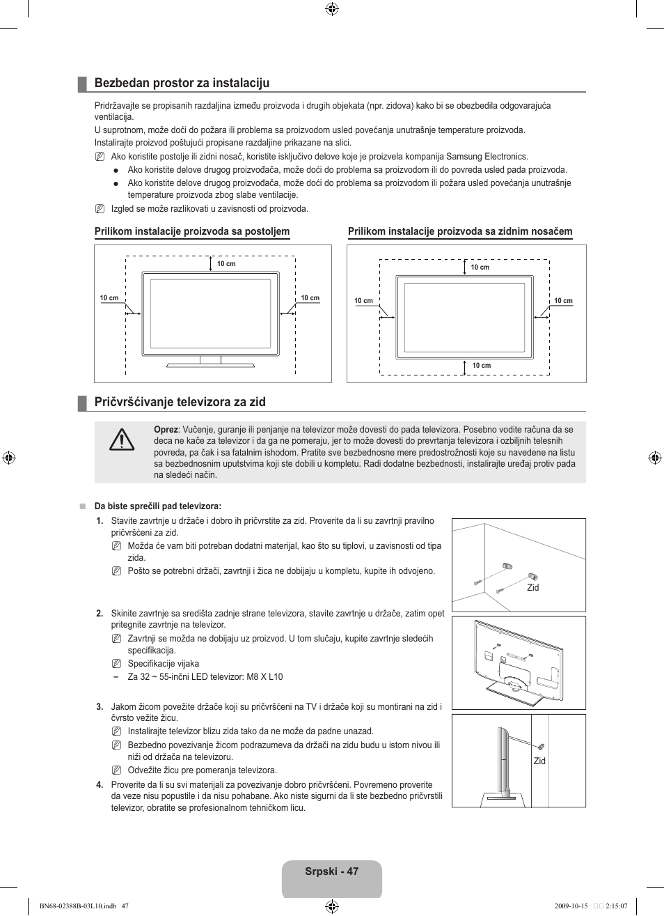 Bezbedan prostor za instalaciju, Pričvršćivanje televizora za zid | Samsung UE32B6000VW User Manual | Page 531 / 542