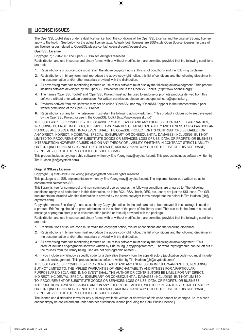 License issues | Samsung UE32B6000VW User Manual | Page 66 / 542