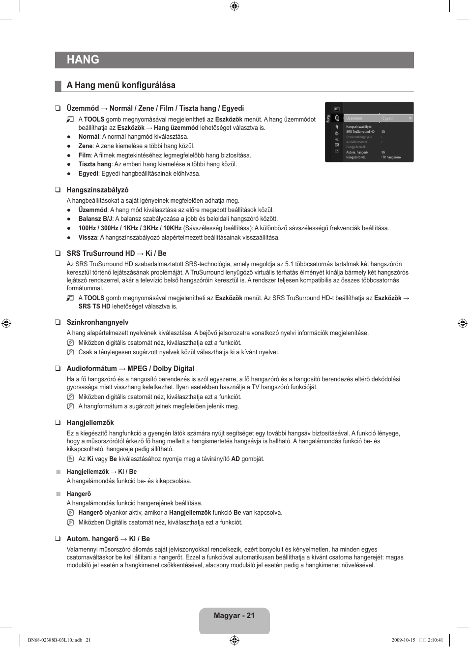 Hang, A hang menü konfigurálása | Samsung UE32B6000VW User Manual | Page 89 / 542