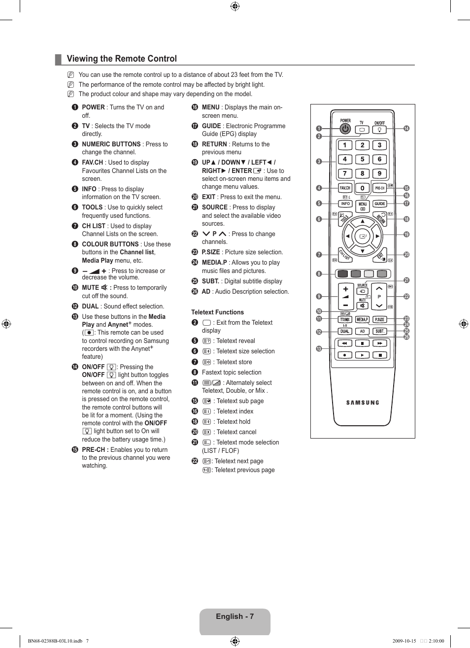 Viewing the remote control | Samsung UE32B6000VW User Manual | Page 9 / 542