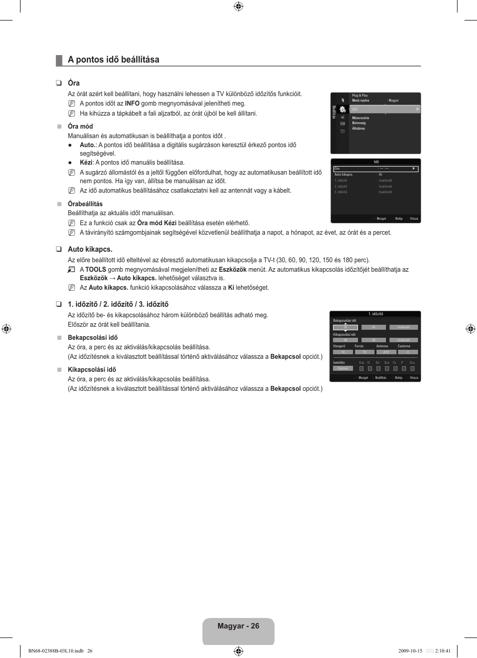 A pontos idő beállítása, Magyar - 26, Auto kikapcs | Időzítő / 2. időzítő / 3. időzítő | Samsung UE32B6000VW User Manual | Page 94 / 542