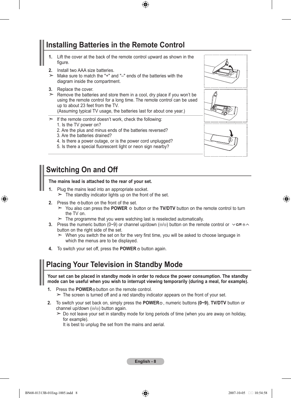 Installing batteries in the remote control, Switching on and off, Placing your television in standby mode | Samsung LE70F96BD User Manual | Page 10 / 578