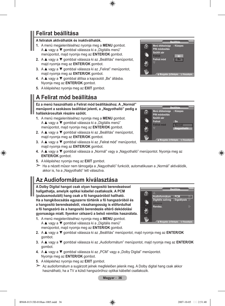 Felirat beállítása, A felirat mód beállítása, Az audioformátum kiválasztása | Samsung LE70F96BD User Manual | Page 102 / 578