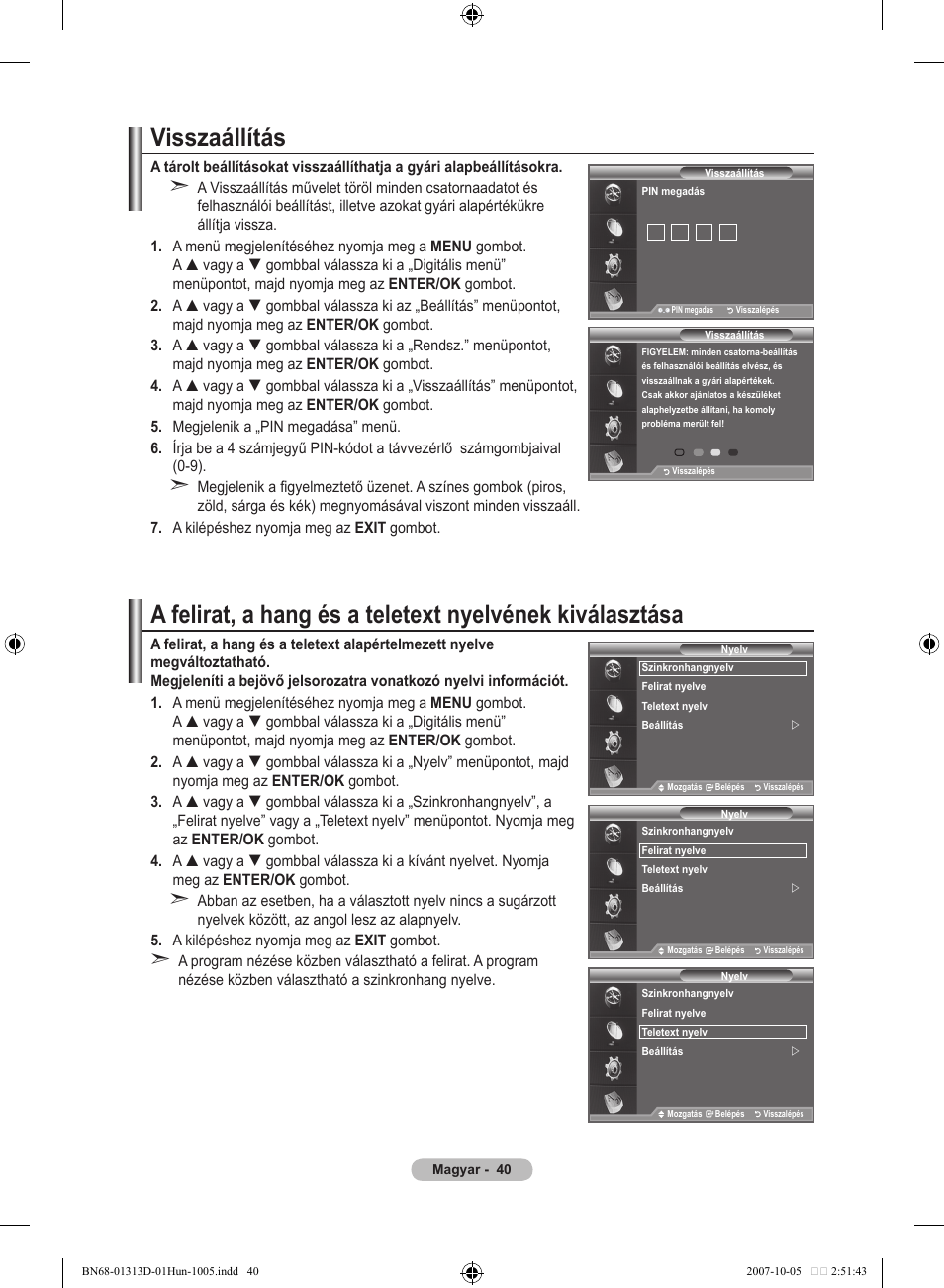 Visszaállítás | Samsung LE70F96BD User Manual | Page 106 / 578