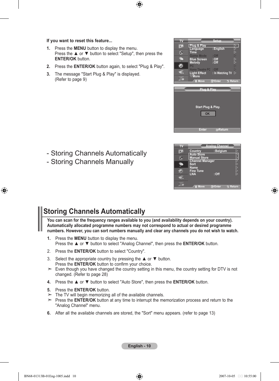 Setting the channels, Storing channels automatically | Samsung LE70F96BD User Manual | Page 12 / 578