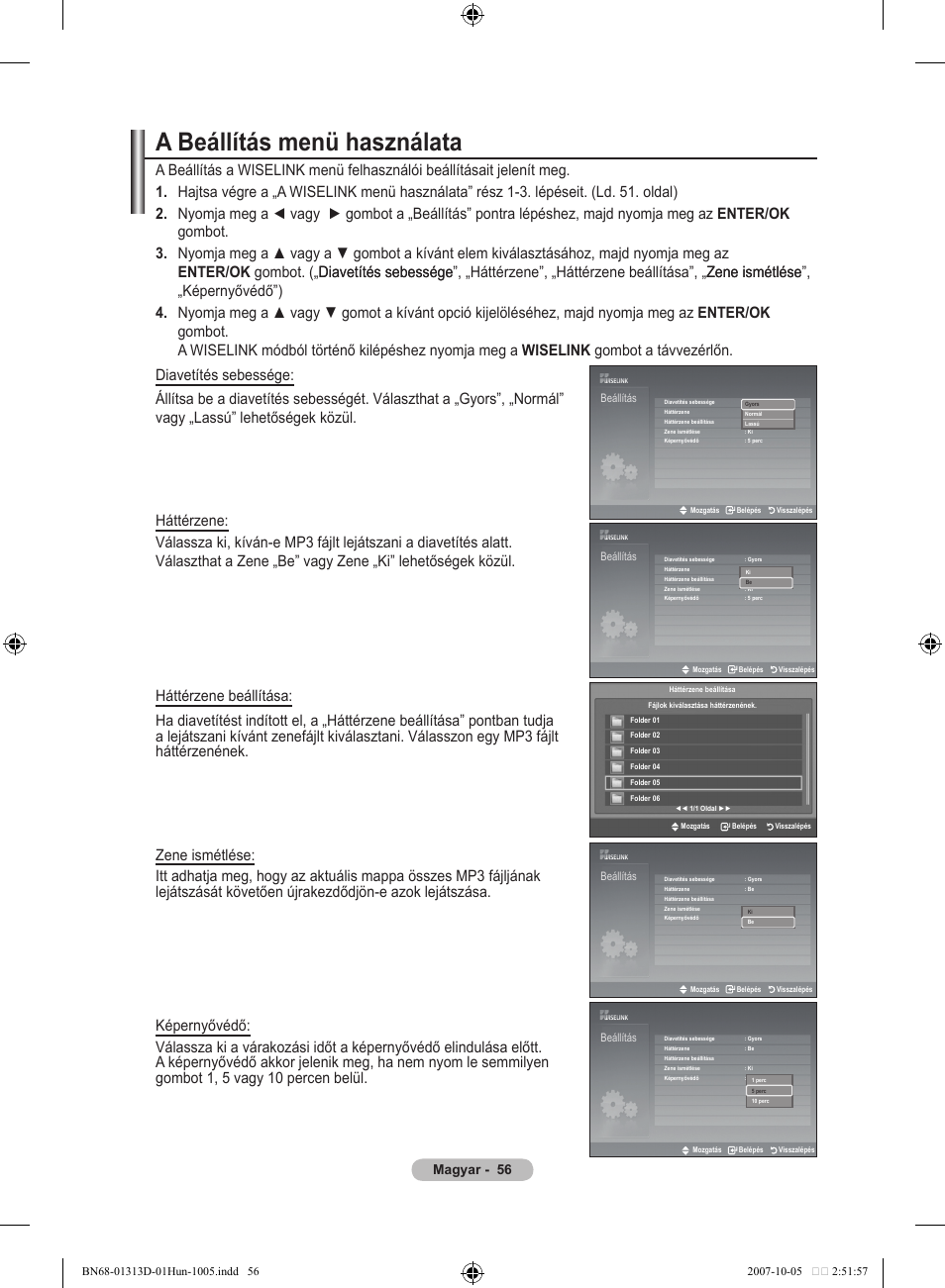 A beállítás menü használata, Magyar - 5 | Samsung LE70F96BD User Manual | Page 122 / 578