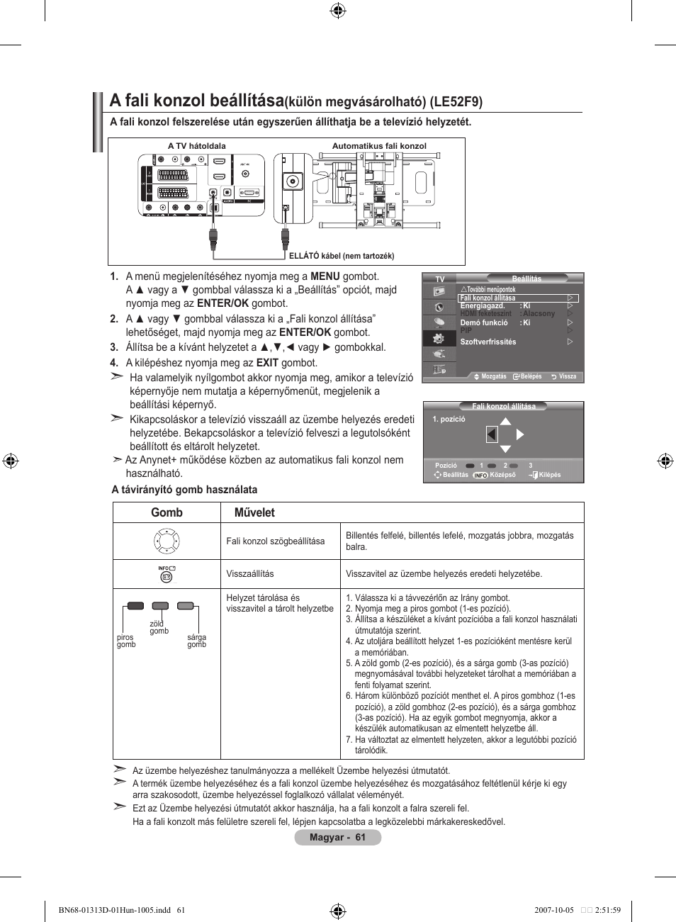 A fali konzol beállítása, Külön megvásárolható) (le5f9), Gomb művelet | Samsung LE70F96BD User Manual | Page 127 / 578