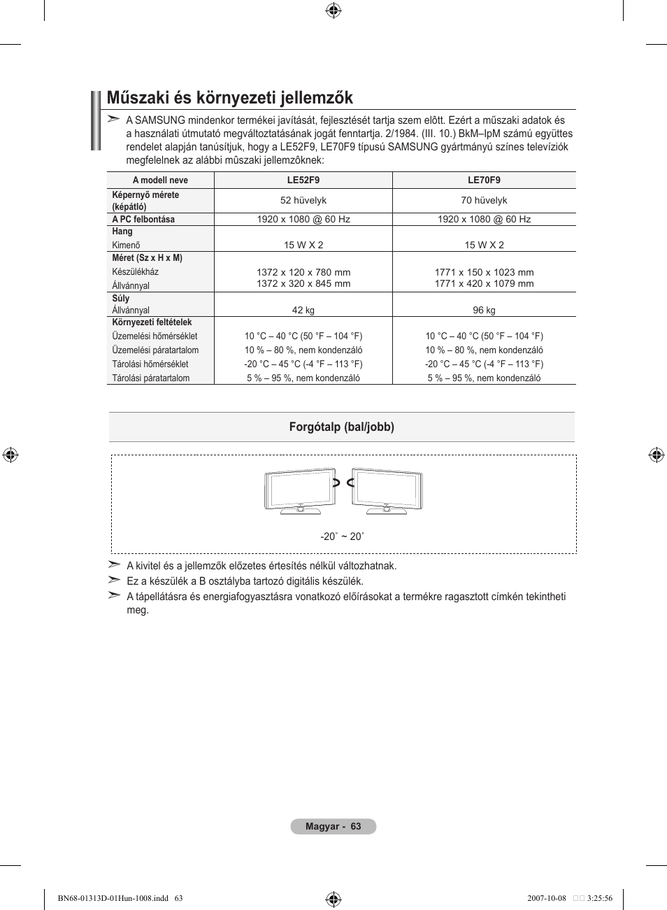 Műszaki és környezeti jellemzők | Samsung LE70F96BD User Manual | Page 129 / 578