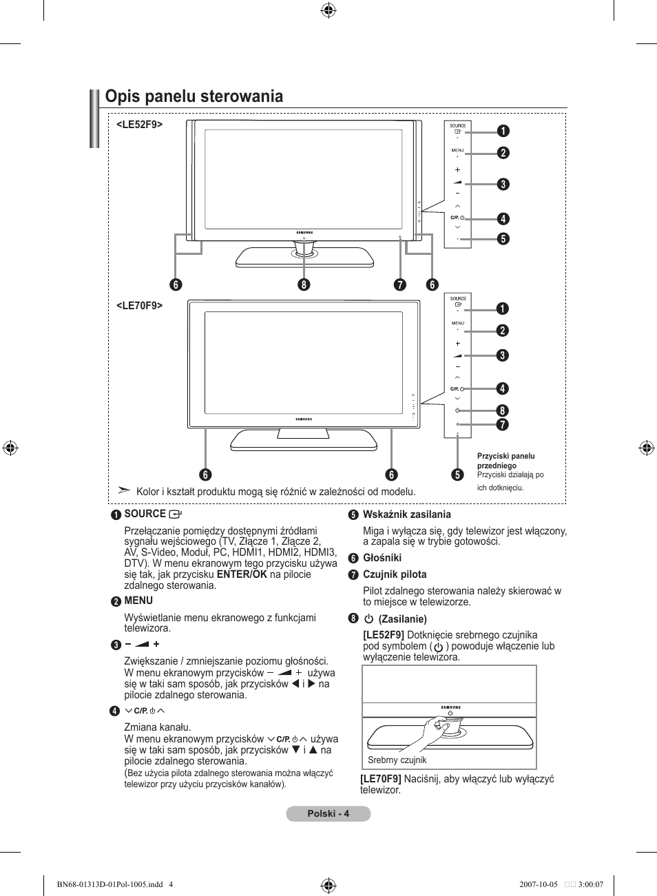 Opis panelu sterowania | Samsung LE70F96BD User Manual | Page 134 / 578