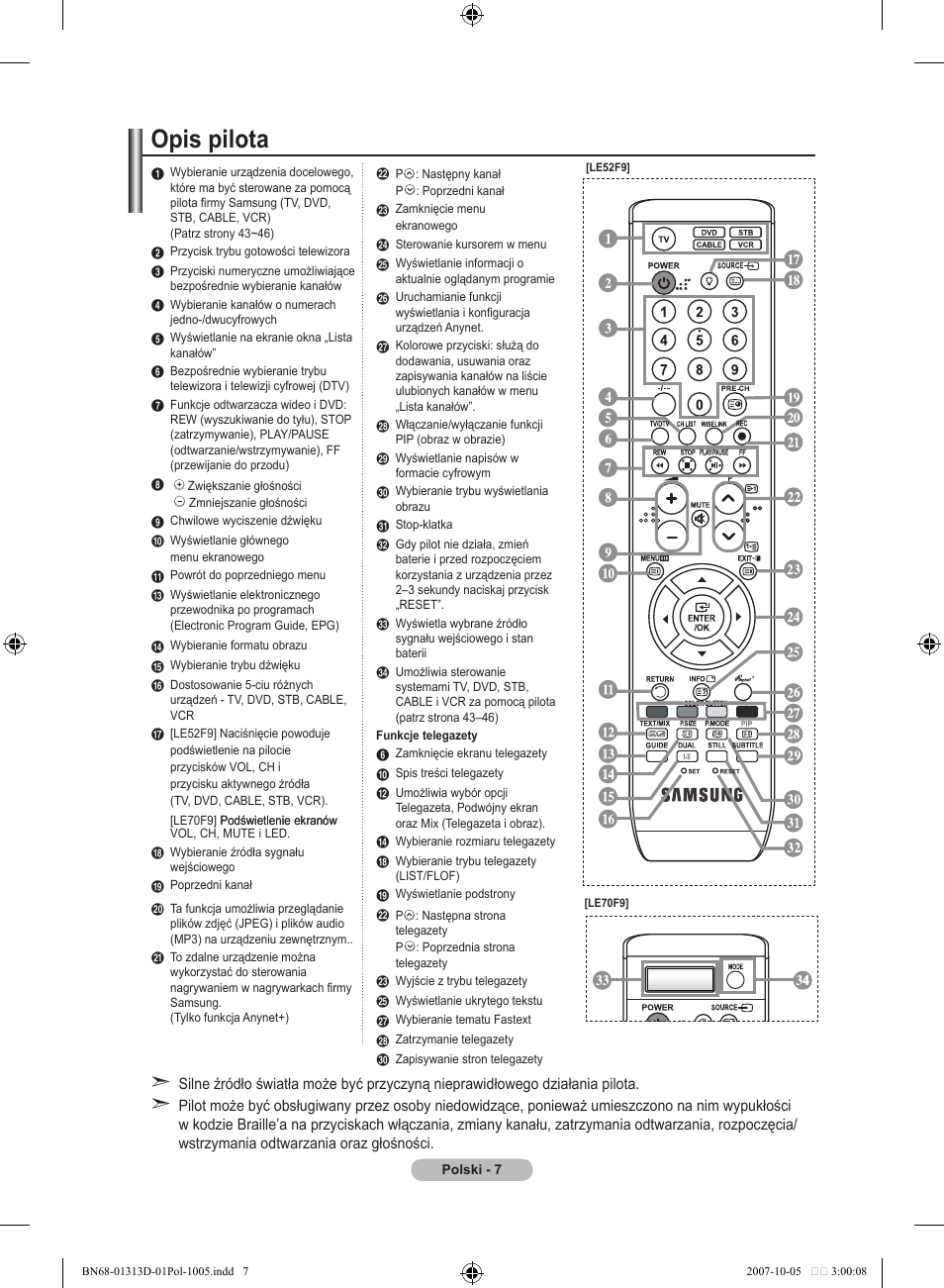 Opis pilota | Samsung LE70F96BD User Manual | Page 137 / 578