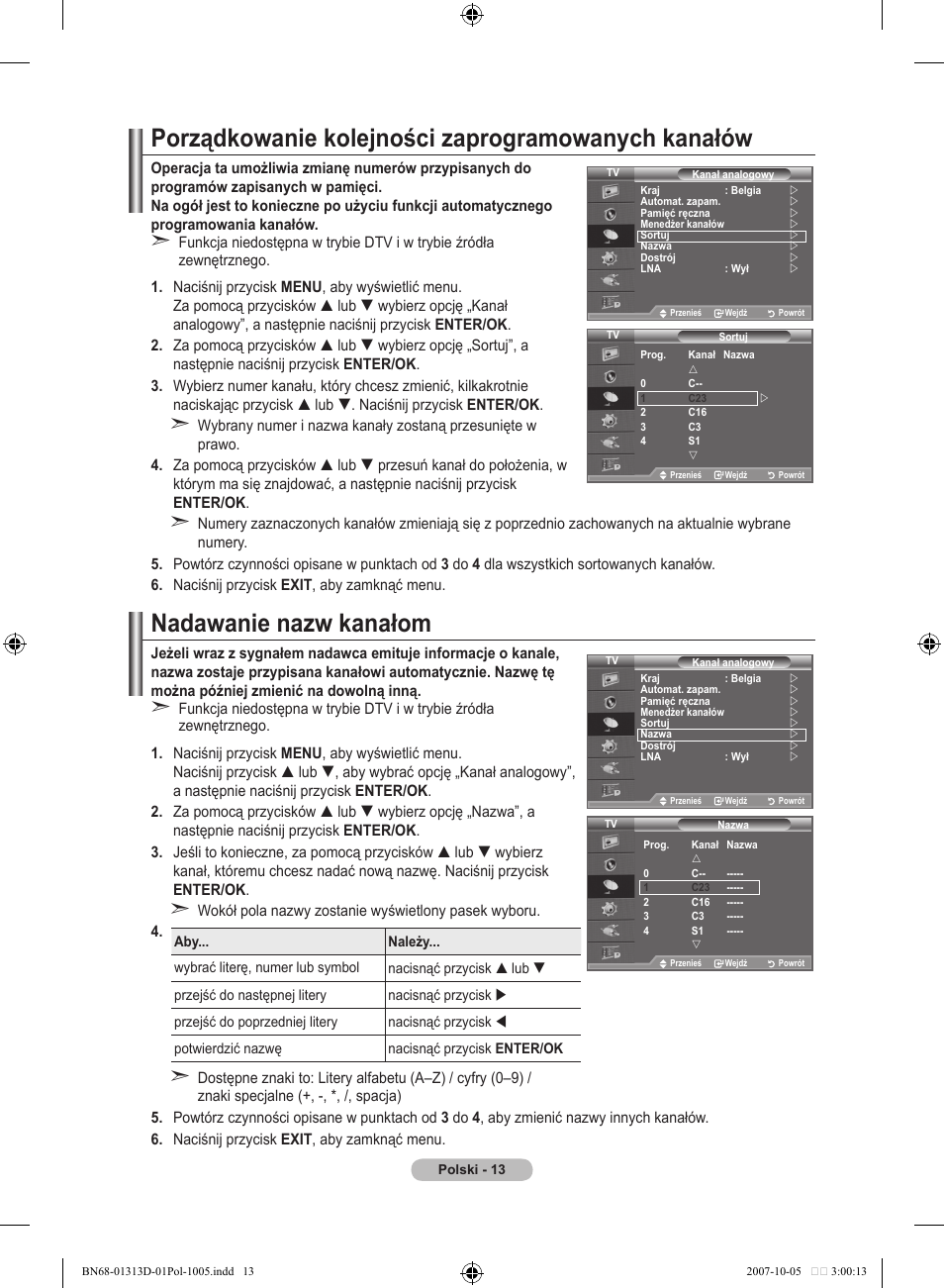 Porządkowanie kolejności zaprogramowanych kanałów, Nadawanie nazw kanałom | Samsung LE70F96BD User Manual | Page 143 / 578
