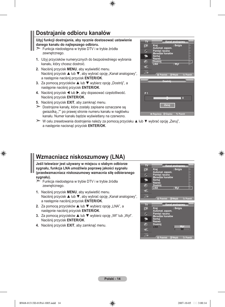 Dostrajanie odbioru kanałów, Wzmacniacz niskoszumowy (lna) | Samsung LE70F96BD User Manual | Page 144 / 578