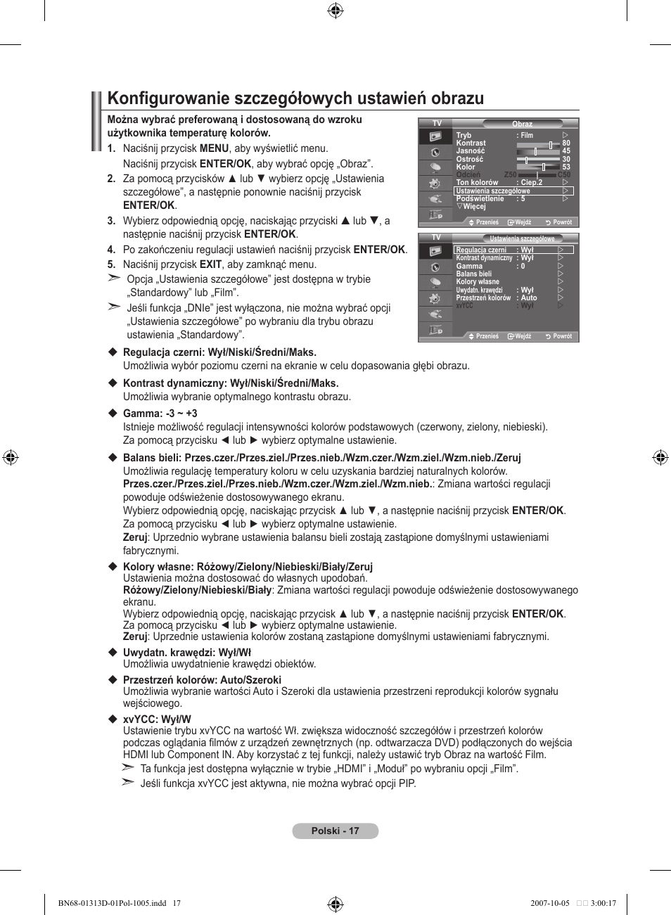 Konfigurowanie szczegółowych ustawień obrazu | Samsung LE70F96BD User Manual | Page 147 / 578