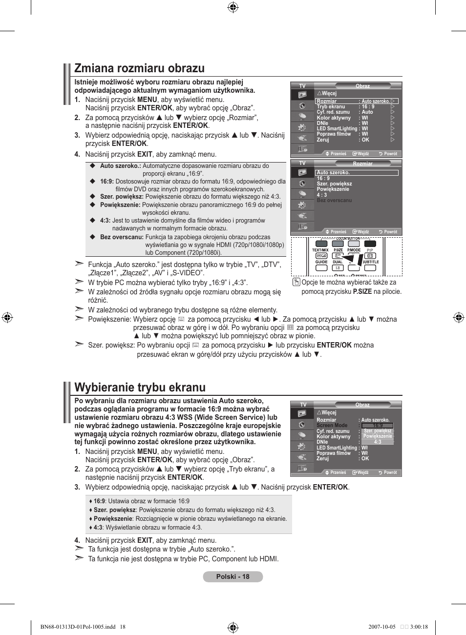 Zmiana rozmiaru obrazu, Wybieranie trybu ekranu | Samsung LE70F96BD User Manual | Page 148 / 578