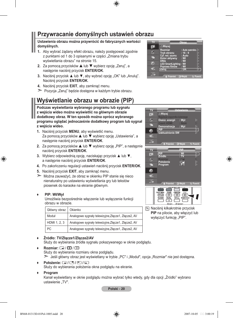 Wyświetlanie obrazu w obrazie (pip), Przywracanie domyślnych ustawień obrazu | Samsung LE70F96BD User Manual | Page 150 / 578