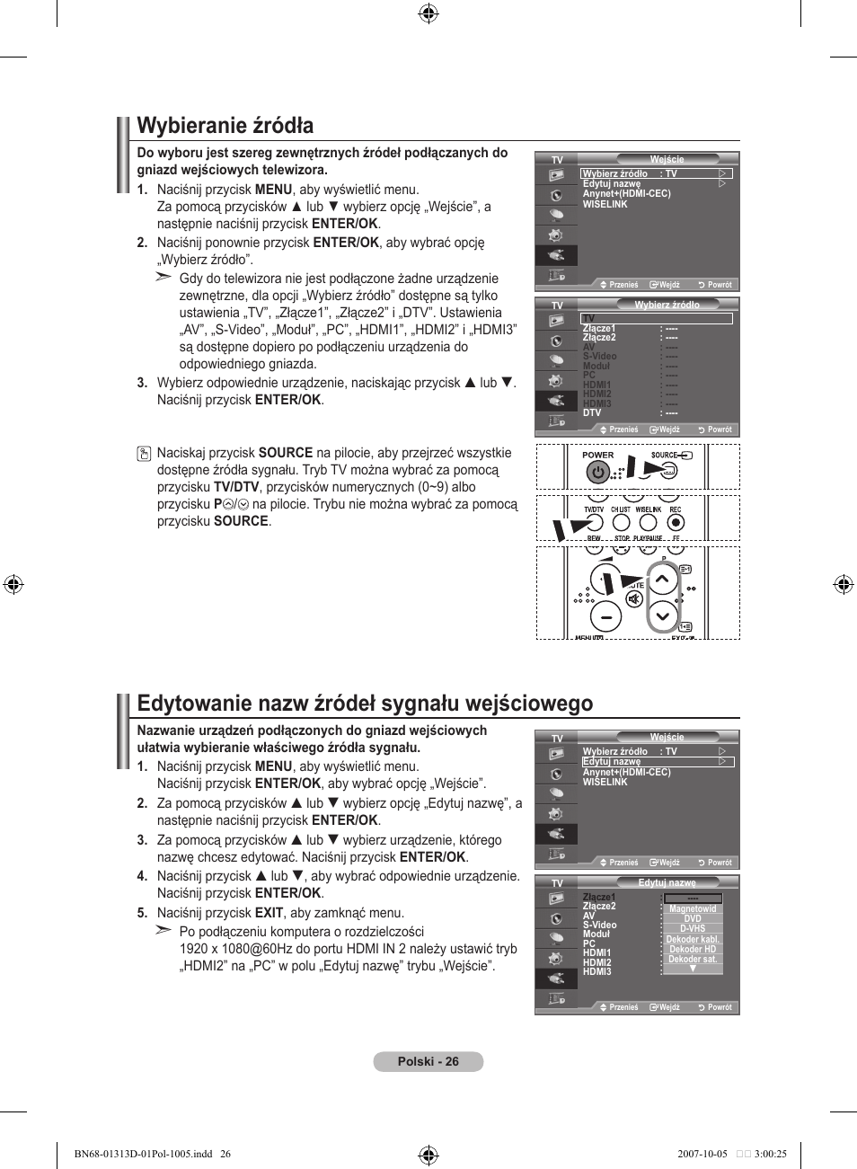 Wybieranie źródła, Edytowanie nazw źródeł sygnału wejściowego | Samsung LE70F96BD User Manual | Page 156 / 578