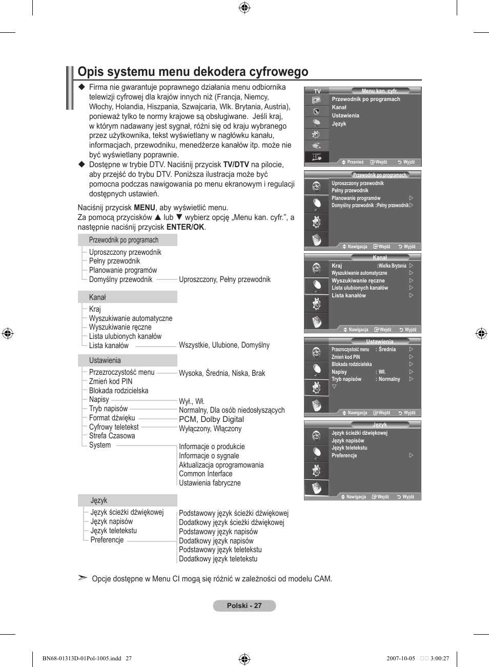 Opis systemu menu dekodera cyfrowego | Samsung LE70F96BD User Manual | Page 157 / 578