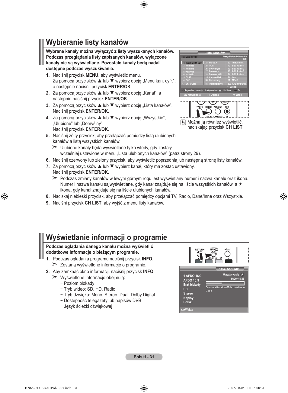 Wybieranie listy kanałów, Wyświetlanie informacji o programie | Samsung LE70F96BD User Manual | Page 161 / 578