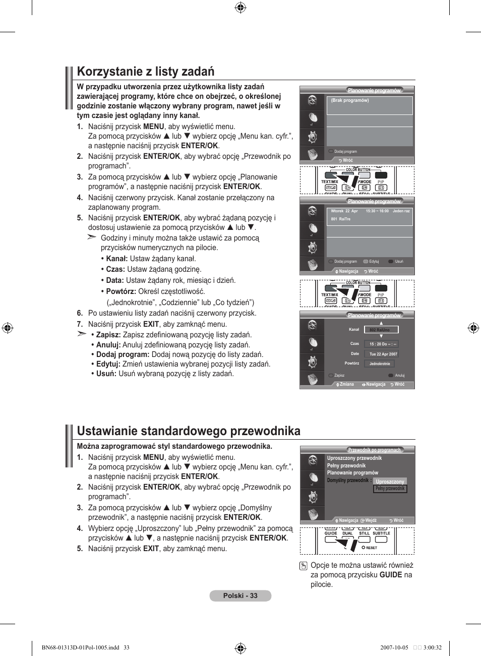 Korzystanie z listy zadań, Ustawianie standardowego przewodnika | Samsung LE70F96BD User Manual | Page 163 / 578