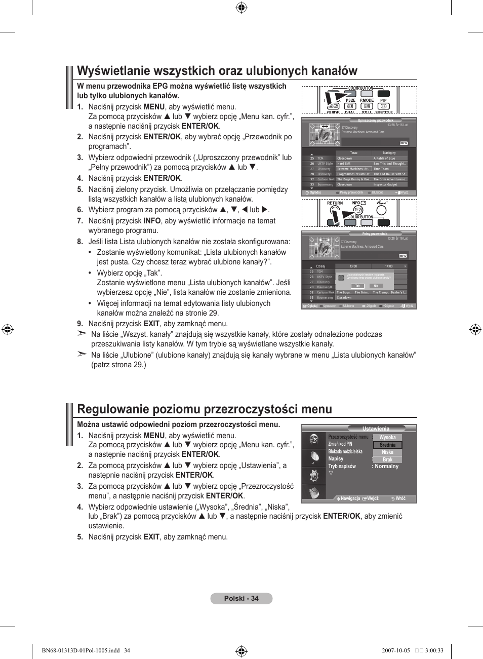 Wyświetlanie wszystkich oraz ulubionych kanałów, Regulowanie poziomu przezroczystości menu | Samsung LE70F96BD User Manual | Page 164 / 578