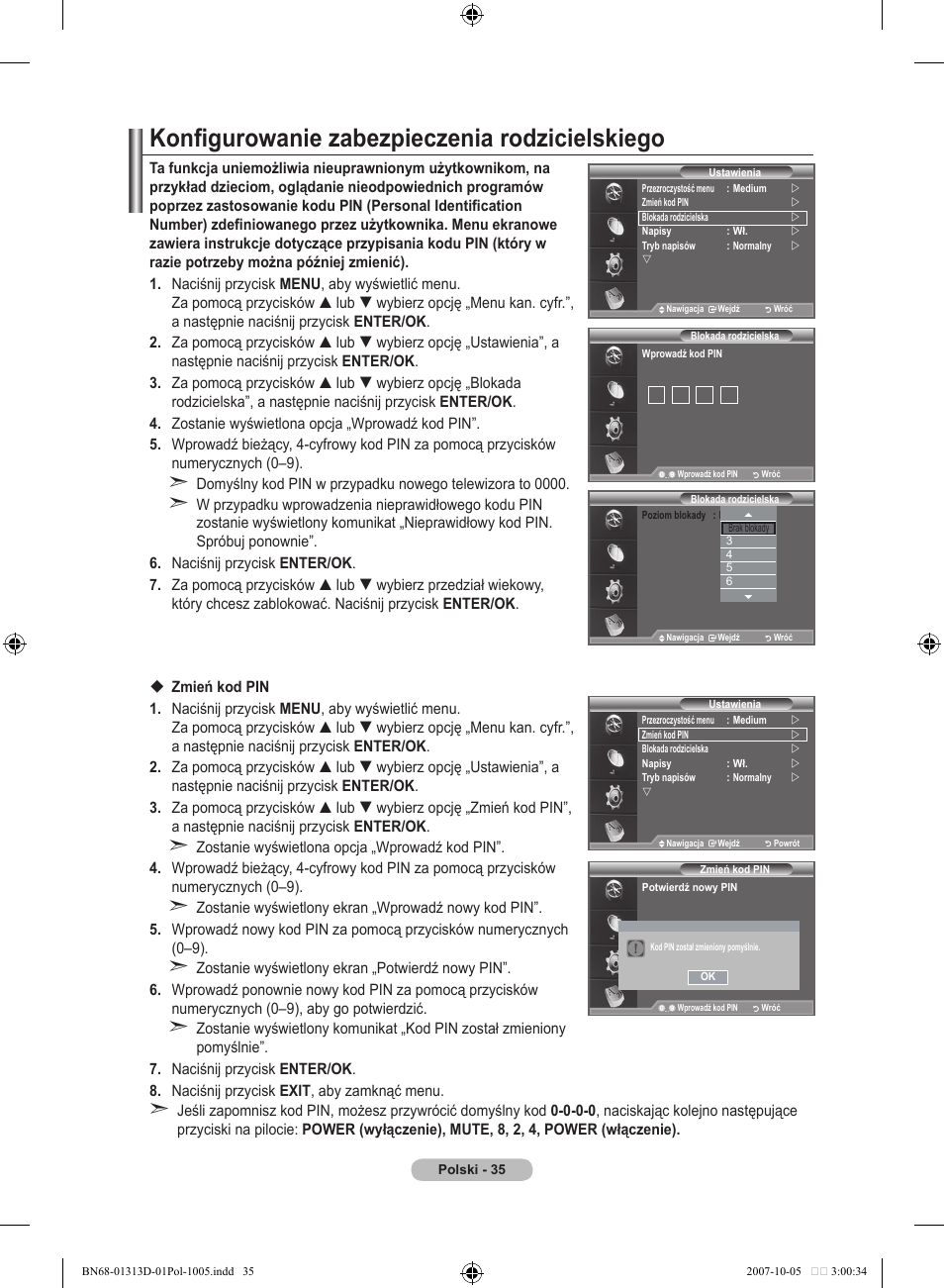 Konfigurowanie zabezpieczenia rodzicielskiego | Samsung LE70F96BD User Manual | Page 165 / 578